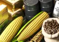 Gold, silver, corn, coffee beans and other commodities on display on a table